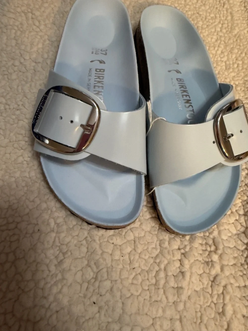 Birkenstock Madrid Big Buckle Sandal New in Box- Baby Blue High Shine size 6-6.5